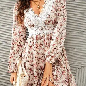 Frenchy Ditsy Floral Print Guipure Lace Insert Lantern Sleeve Dress NWOT